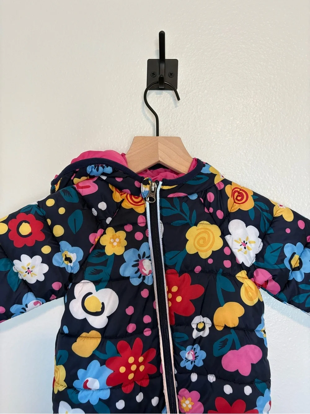 Girl's Hanna Andersson Floral Puffer One Piece Snow Suit Navy 6-12 Months